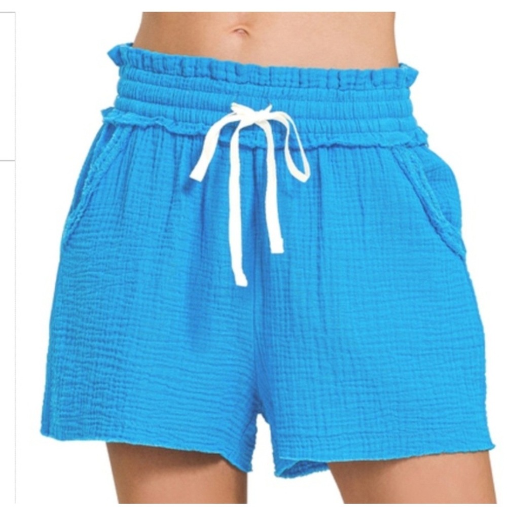 Zenana Double Gauze Cotton Drawstring Waist Shorts Deep Sky Blue Loose Fit Large